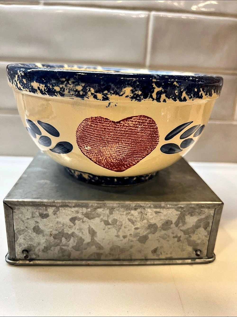 Stoneware Pottery Hand-Painted Heart Serveware Bowl, Yellow & Blue